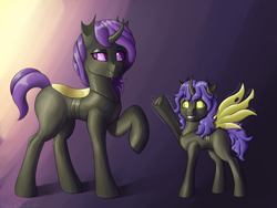 Size: 4000x3000 | Tagged: safe, artist:stardustspix, oc, oc only, oc:aeshna, oc:anaxxa, changepony, hybrid, duo, frog (hoof), looking at you, purple changeling, raised hoof, size difference, smiling, smiling at you, standing, underhoof, waving