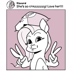 Size: 1968x1968 | Tagged: safe, artist:kyssimmee, discord, fluttershy, pegasus, pony, g4, chips, exclamation point, eyelashes, female, food, male, monochrome, peace sign, selfie, social media, solo, twitter, wing hands, wings