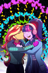 Size: 1280x1920 | Tagged: safe, artist:littletigressda, sci-twi, sunset shimmer, twilight sparkle, fanfic:sunset and twilight's winter holidate, equestria girls, g4, clothes, commission, earmuffs, eyes closed, fanfic, fanfic art, fanfic cover, female, happy, jacket, lesbian, mittens, night, open mouth, open smile, ponytail, ship:sci-twishimmer, ship:sunsetsparkle, shipping, skirt, smiling, snow