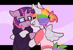 Size: 1280x890 | Tagged: safe, artist:tofukoi, rainbow dash, twilight sparkle, pegasus, unicorn, semi-anthro, g4, arm hooves, blushing, clothes, eyes closed, female, glasses, hoodie, hug, lesbian, ship:twidash, shipping, shirt, smiling, spread wings, wings