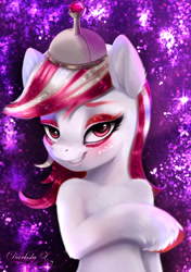 Size: 1483x2101 | Tagged: safe, artist:darksly, sugar moonlight, earth pony, pony, g5, my little pony: a new generation, anti-mind reading cap, bedroom eyes, body pillow, commission, dakimakura cover, eyeshadow, female, grin, helmet, lidded eyes, makeup, mare, preview, seductive, seductive look, seductive pose, sexy, smiling, solo, stupid sexy sugar moonlight, unshorn fetlocks