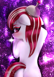Size: 1589x2251 | Tagged: safe, artist:darksly, sugar moonlight, earth pony, pony, g5, my little pony: a new generation, anti-mind reading cap, bedroom eyes, body pillow, butt, commission, dakimakura cover, eyeshadow, female, helmet, lidded eyes, makeup, mare, plot, preview, seductive, seductive look, seductive pose, sexy, solo, stupid sexy sugar moonlight, sugar moonbutt, tail, tail aside, unshorn fetlocks