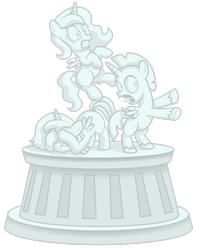 Size: 1920x2439 | Tagged: safe, artist:aleximusprime, discord, princess celestia, princess luna, alicorn, pony, dream of alicornication, flurry heart's story, g4, age regression, colt, female, filly, foal, male, open mouth, petrification, royal sisters, siblings, simple background, sisters, statue, stone, transparent background, younger