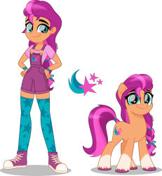 Size: 3698x4000 | Tagged: safe, artist:orin331, sunny starscout, earth pony, human, pony, equestria girls, g4, g5, my little pony: a new generation, accessory, bracelet, braid, clothes, converse, cutie mark, cutie mark on clothes, equestria girls-ified, female, g5 to equestria girls, g5 to g4, high res, human ponidox, jewelry, movie accurate, overall shorts, overalls, ponytail, self paradox, self ponidox, shoes, simple background, smiling, sneakers, socks, standing, stockings, thigh highs, thigh socks, transparent background