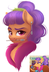 Size: 1325x1946 | Tagged: safe, artist:vetta, screencap, plaid stripes, earth pony, pony, g4, bust, cute, ear piercing, earring, female, jewelry, looking at you, mouth hold, piercing, plaidabetes, portrait, screencap reference, smiling, solo, spoon, teenager