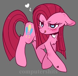 Size: 776x762 | Tagged: safe, artist:cutiesparke, derpibooru exclusive, pinkie pie, earth pony, pony, g4, blushing, chest fluff, choker, female, floating heart, floppy ears, freckles, heart, hoof heart, licking, licking lips, mare, pinkamena diane pie, simple background, solo, straight mane, tongue out, watermark