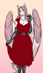 Size: 1192x1997 | Tagged: safe, artist:blackblood-queen, oc, oc only, oc:april showers, pegasus, anthro, unguligrade anthro, big breasts, breasts, cleavage, clothes, digital art, dress, ear piercing, earring, eyeshadow, female, gloves, gradient background, jewelry, lipstick, long gloves, makeup, mare, mother, necklace, pearl necklace, pegasus oc, piercing, red dress, smiling, solo