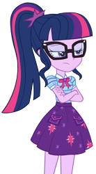 Size: 480x869 | Tagged: safe, artist:invisibleink, sci-twi, twilight sparkle, equestria girls, equestria girls specials, g4, my little pony equestria girls: better together, my little pony equestria girls: holidays unwrapped, o come all ye squashful, clothes, crossed arms, cutie mark on clothes, sci-twi is not amused, sci-twi skirt, simple background, skirt, solo, transparent background, vector