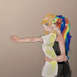 Size: 500x500 | Tagged: safe, artist:sekaipoi, applejack, rainbow dash, human, g4, female, hug, hug from behind, humanized, lesbian, ship:appledash, shipping