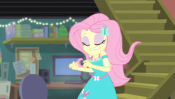 Size: 3410x1920 | Tagged: safe, screencap, fluttershy, costume conundrum, costume conundrum: sunset shimmer, equestria girls, g4, my little pony equestria girls: better together, clothes, cutie mark on clothes, eyes closed, female, geode of fauna, hairpin, high res, jewelry, magical geodes, necklace, solo