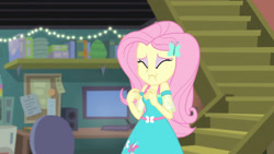 Size: 3410x1920 | Tagged: safe, screencap, fluttershy, costume conundrum, costume conundrum: sunset shimmer, equestria girls, g4, my little pony equestria girls: better together, clothes, cutie mark on clothes, eyes closed, female, geode of fauna, hairpin, high res, jewelry, magical geodes, necklace, solo