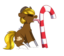 Size: 1640x1439 | Tagged: safe, artist:bluemoon, oc, oc:acres, earth pony, pony, candy, candy cane, chest fluff, commission, food, snow, solo, tongue out, tongue stuck to pole, ych result