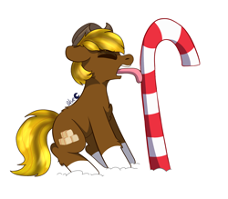 Size: 1640x1439 | Tagged: safe, artist:alleymutt, oc, oc:acres, earth pony, pony, candy, candy cane, chest fluff, commission, food, snow, solo, tongue out, tongue stuck, tongue stuck to pole, ych result