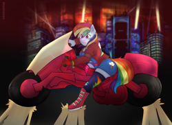 Size: 3850x2800 | Tagged: safe, artist:peonyponpon, rainbow dash, anthro, g4, akira, clothes, female, frown, high res, motorcycle, socks, solo, stockings, teeth, thigh highs