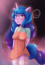 Size: 1880x2706 | Tagged: safe, artist:nanazdina, izzy moonbow, unicorn, anthro, g5, my little pony: a new generation, :p, breasts, clothes, cute, horn, ibispaint x, izzybetes, looking at you, simple background, smiling, socks, solo, stockings, striped socks, thigh highs, tongue out
