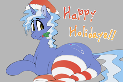 Size: 1280x853 | Tagged: safe, artist:theobrobine, pokey pierce, pony, unicorn, butt, christmas, clothes, dock, gray background, happy holidays, hat, holiday, holly, looking back, lying down, male, mouth hold, plot, santa hat, simple background, socks, solo, stallion, striped socks, tail, thicc ass