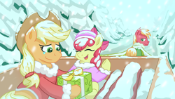 Size: 1920x1080 | Tagged: safe, artist:swordsmen, apple bloom, applejack, big macintosh, earth pony, pony, g4, apple siblings, apple sisters, brother and sister, christmas, clothes, cowboy hat, cute, day, female, filly, foal, fog, happy, hat, hearth's warming eve, holiday, logs, male, mare, pine tree, present, siblings, sisters, smiling, snow, snowfall, stallion, teary eyes, tree, winter outfit