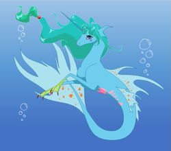 Size: 637x561 | Tagged: safe, artist:bambisparanoia, oc, oc only, merpony, pony, seapony (g4), unicorn, blue background, blue eyes, bubble, crepuscular rays, dorsal fin, fins, fish tail, flowing mane, flowing tail, green mane, horn, long horn, ocean, seaponified, simple background, solo, species swap, sunlight, tail, underwater, water