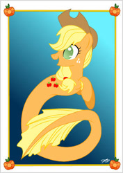 Size: 308x434 | Tagged: safe, artist:queenzora, applejack, earth pony, hippocampus, merpony, pony, seapony (g4), g4, applejack's hat, blue background, cowboy hat, crepuscular rays, female, fish tail, flowing tail, green eyes, hat, ocean, postcard, seaponified, seapony applejack, signature, simple background, smiling, solo, species swap, sunlight, tail, underwater, water, yellow mane