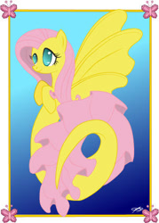 Size: 301x421 | Tagged: safe, artist:queenzora, fluttershy, hippocampus, merpony, pegasus, pony, seapony (g4), g4, blue background, crepuscular rays, dorsal fin, female, fin wings, fins, flowing mane, flowing tail, green eyes, ocean, pink mane, postcard, seaponified, seapony fluttershy, signature, simple background, smiling, solo, species swap, sunlight, tail, underwater, water, watershy, wings