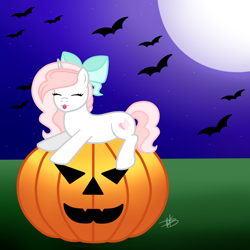 Size: 3000x3000 | Tagged: safe, artist:princessmoonsilver, oc, oc:sweetheart, bat, pony, unicorn, bow, eyes closed, female, hair bow, high res, mare, moon, pumpkin, solo, tongue out