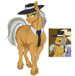 Size: 1280x1291 | Tagged: safe, artist:copshop, igneous rock pie, earth pony, pony, g4, filly limestone pie, hat, male, muscles, necktie, nudity, sheath, simple background, stallion, straw in mouth, unshorn fetlocks, white background