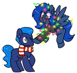 Size: 1931x1842 | Tagged: safe, artist:paperbagpony, oc, oc:azure moonlight, oc:midnight blues, earth pony, pegasus, pony, 2022 community collab, derpibooru community collaboration, blushing, boop, christmas, christmas lights, clothes, earth pony oc, holiday, pegasus oc, scarf, simple background, transparent background