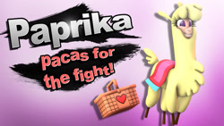 Size: 1280x720 | Tagged: safe, artist:pika-robo, paprika (tfh), alpaca, them's fightin' herds, 3d, bad pun, basket, character reveal, cloven hooves, community related, female, picnic basket, pun, simple background, smiling, source filmmaker, splash art, super smash bros., violet background