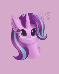 Size: 1194x1494 | Tagged: safe, artist:harmonical-flair, starlight glimmer, pony, unicorn, g4, bust, ear fluff, eye clipping through hair, female, heart, looking at you, mare, pink background, portrait, signature, simple background, smiling, smiling at you, solo