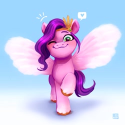 Size: 1280x1281 | Tagged: safe, artist:jellynut, pipp petals, pegasus, pony, g5, my little pony: a new generation, adorapipp, cute, female, happy, headband, looking at you, mare, one eye closed, smiling, solo, spread wings, unshorn fetlocks, wings, wink, winking at you