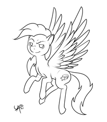 Size: 1671x1920 | Tagged: safe, artist:underwoodart, derpibooru exclusive, oc, oc:shooting star, pegasus, pony, flight of the valkyrie, the tale of two sisters, cutie mark, digital art, flying, lineart, monochrome, shooting star, simple background, smug, solo, spread wings, tail, white background, wings, wip