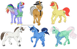 Size: 1280x815 | Tagged: safe, artist:copshop, bow hothoof, bright mac, gentle breeze, hondo flanks, igneous rock pie, night light, earth pony, pegasus, pony, unicorn, g4, clothes, concave belly, dad six, male, muscles, nudity, raised hoof, sheath, simple background, stallion, white background