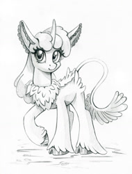 Size: 1000x1314 | Tagged: safe, artist:maytee, oc, oc only, original species, pony, unicorn, wildling unicorn, chest fluff, cloven hooves, curved horn, grayscale, horn, leonine tail, monochrome, solo, tail, traditional art, unshorn fetlocks