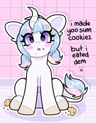 Size: 2991x3841 | Tagged: safe, artist:duckie, oc, oc only, classical unicorn, pony, unicorn, blushing, cloven hooves, cookie, crumbs, diaper, eyebrows, eyebrows visible through hair, foal, food, high res, horn, leonine tail, looking at you, solo, tiled background, tiled floor, unshorn fetlocks