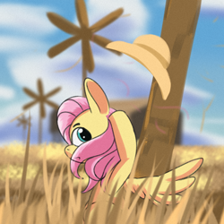 Size: 1080x1080 | Tagged: safe, artist:杏银花开, fluttershy, pegasus, pony, g4, female, hat, looking back, mare, pink mane, solo, wings