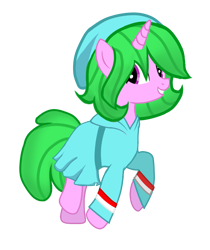 Size: 2140x2549 | Tagged: safe, artist:be_yourself, artist:rainyponyindo, oc, oc only, oc:rainy rainbow, pony, unicorn, 2022 community collab, derpibooru community collaboration, clothes, female, full body, green mane, green tail, grin, hat, high res, hoodie, horn, ibispaint x, indonesia, indonesian, looking back, mare, purple eyes, raised hoof, show accurate, simple background, skirt, smiling, solo, tail, transparent background, unicorn oc