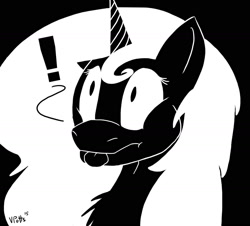 Size: 1567x1417 | Tagged: safe, artist:torusthescribe, oc, oc only, oc:silhouette, pony, unicorn, :p, bust, exclamation point, horn, monochrome, signature, solo, tongue out, unicorn oc