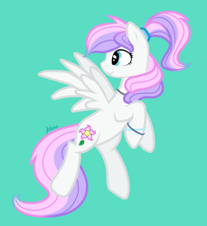 Size: 2200x2400 | Tagged: safe, artist:avonir, oc, oc only, pony, bracelet, female, green background, high res, jewelry, looking back, mare, necklace, rearing, signature, simple background, smiling, solo, wings