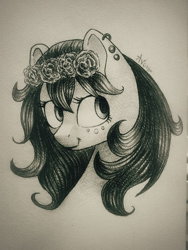 Size: 480x640 | Tagged: safe, artist:avonir, oc, oc only, earth pony, pony, ear piercing, earring, earth pony oc, female, floral head wreath, flower, freckles, jewelry, mare, piercing, signature, smiling, solo, traditional art