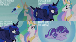 Size: 1280x720 | Tagged: safe, edit, edited screencap, editor:quoterific, screencap, daybreaker, nightmare moon, princess celestia, princess luna, starlight glimmer, alicorn, pony, unicorn, a royal problem, g4, season 7, crown, crying, eyes closed, female, flying, jewelry, mare, open mouth, regalia, royal sisters, siblings, sisters, spread wings, wings