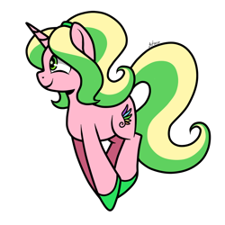 Size: 1000x1000 | Tagged: safe, artist:avonir, oc, oc only, pony, unicorn, colored hooves, female, full body, green eyes, horn, mare, signature, simple background, smiling, solo, starry eyes, tail, two toned mane, two toned tail, unicorn oc, white background, wingding eyes