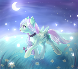 Size: 2579x2288 | Tagged: safe, artist:avonir, oc, oc only, pegasus, pony, choker, commission, crescent moon, female, high res, mare, moon, night, outdoors, pegasus oc, smiling, solo, stars, transparent moon, ych result