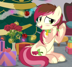 Size: 1008x949 | Tagged: safe, artist:anonymous, roseluck, earth pony, human, pony, g4, /ptfg/, blushing, chair, christmas, christmas tree, collar, collaring, eye color change, female, flower, holiday, human to pony, indoors, mare, mid-transformation, open mouth, open smile, ornaments, pony pet, present, putting on collar, rose, rosepet, self-collaring, show accurate, smiling, solo, transformation, tree, vase