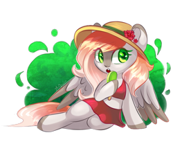 Size: 1091x907 | Tagged: safe, artist:avonir, oc, oc only, pegasus, semi-anthro, arm hooves, clothes, colored wings, commission, eyelashes, female, food, hat, mare, pegasus oc, popsicle, signature, simple background, skirt, smiling, solo, sun hat, transparent background, two toned wings, wings, ych result
