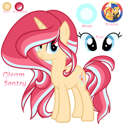 Size: 1280x1280 | Tagged: safe, artist:harmonyvitalityyt, flash sentry, sunset shimmer, oc, oc:gleam sentry, pony, unicorn, g4, blue eyes, female, full body, horn, male, multicolored mane, multicolored tail, offspring, parent:flash sentry, parent:sunset shimmer, parents:flashimmer, reference sheet, ship:flashimmer, shipping, show accurate, simple background, smiling, solo, standing, straight, tail, transparent background, unicorn oc