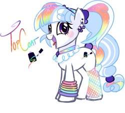 Size: 1067x968 | Tagged: safe, artist:khimi-chan, oc, oc only, earth pony, pony, blush sticker, blushing, ear piercing, earring, earth pony oc, eyelashes, female, fishnet stockings, jewelry, mare, multicolored hair, open mouth, piercing, rainbow hair, simple background, smiling, white background