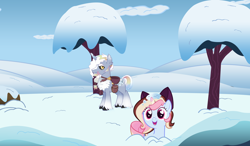 Size: 2432x1424 | Tagged: safe, artist:khimi-chan, oc, oc only, oc:neigh-apolitan, pony, duo, eyelashes, female, male, mare, smiling, snow, stallion