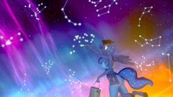 Size: 3840x2160 | Tagged: safe, artist:silkworm205, derpibooru exclusive, princess luna, alicorn, anthro, plantigrade anthro, g4, 3d, beret, bra, clothes, constellation, galaxy, hat, high res, luna day, paint, paint can, paintbrush, painting, pants, partial nudity, revamped anthros, solo, space, stars, topless, underwear