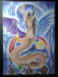 Size: 3120x4160 | Tagged: safe, artist:shadowingartist, discord, draconequus, g4, element of generosity, element of honesty, element of kindness, element of laughter, element of loyalty, element of magic, elements of harmony, magic, magic aura, spread wings, traditional art, wings