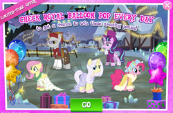 Size: 1034x680 | Tagged: safe, gameloft, flutterholly, fluttershy, lily lace, pinkie pie, snowfall frost, spirit of hearth's warming presents, starlight glimmer, uncle curio, earth pony, pegasus, pony, unicorn, a hearth's warming tail, g4, advertisement, balloon, clothes, dress, female, glasses, hat, male, mare, snow, snowfall, stallion, top hat